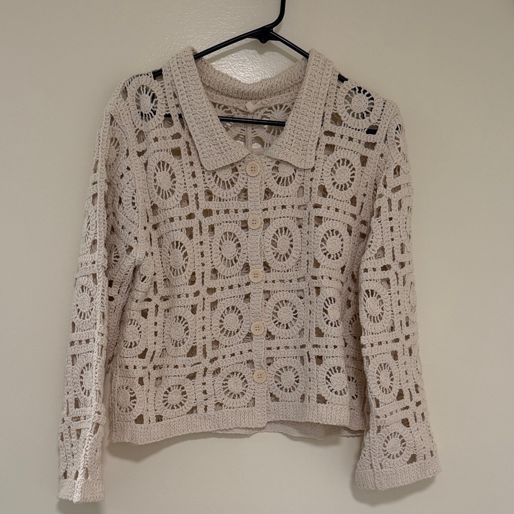 Elegant Cream Crochet Women's Cardigan